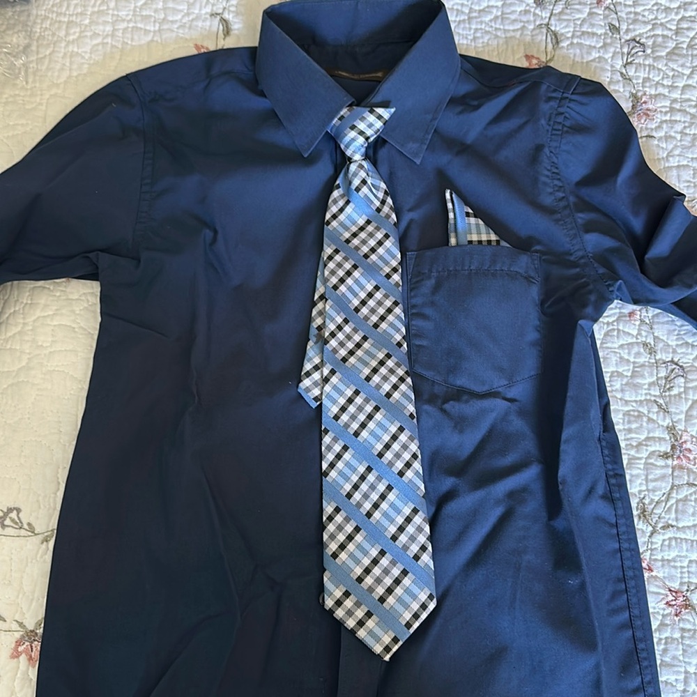 Boys dress shirt, navy blue with handkerchief and clip on tie